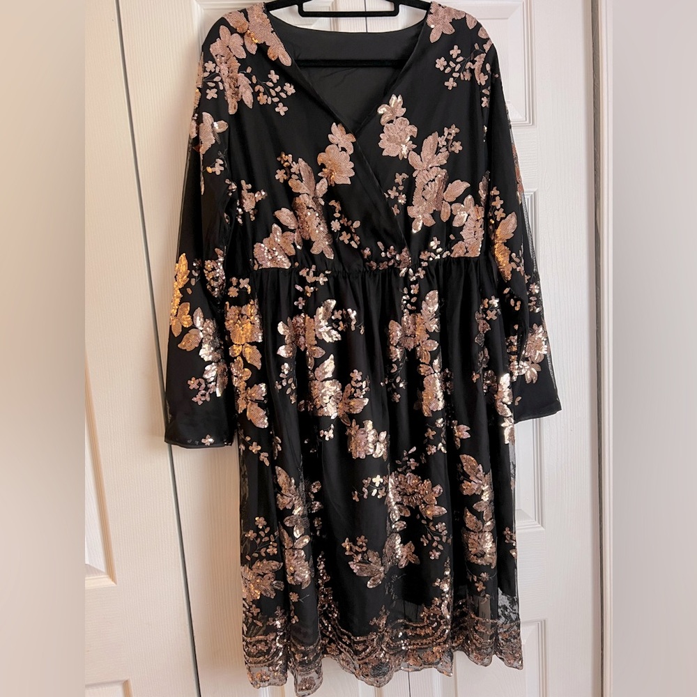 Bloom chic 14/16 long sleeved black dress w/ rose gold floral sequins whimsigoth